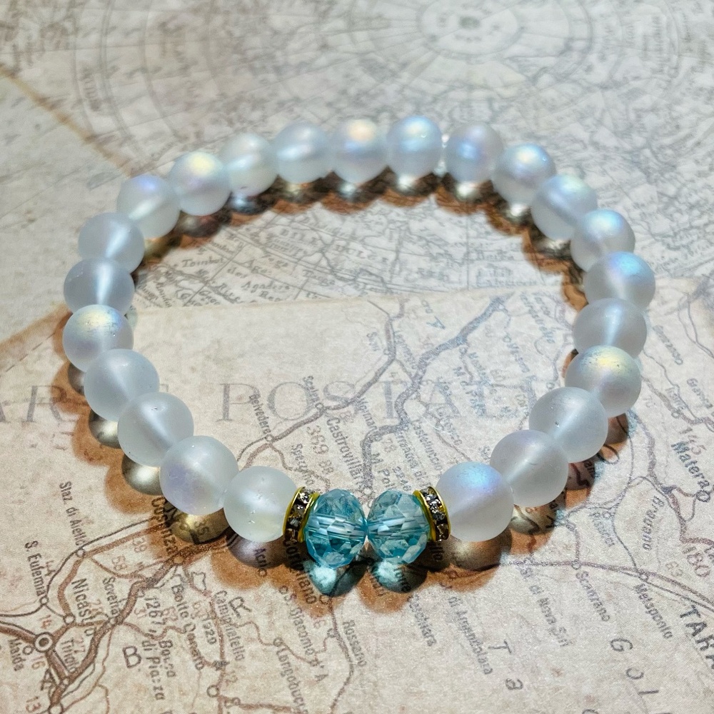 Mermaid Glass & Blue Beaded Stretch Bracelet ✨
